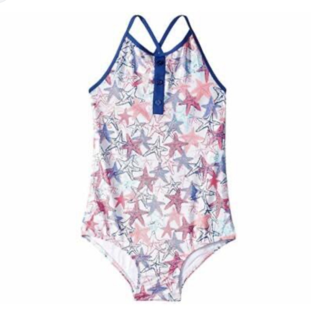 Hatley one piece blue and pink metallic sea stars swimsuit, crisscross back 3t
